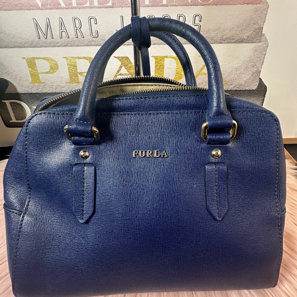 FURLA Elena Medium Saffiano Leather Satchel Navy